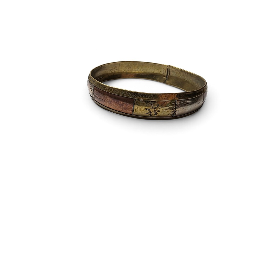 Vintage Bangle Bracelet Tri-Color Brass Copper Silver Etched Floral Design Boho